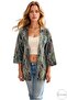 Women's Linen Oversize Green Shawl Pattern Loose Turn-Down Collar Kimono - 5