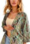 Women's Linen Oversize Green Shawl Pattern Loose Turn-Down Collar Kimono - 6