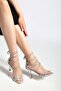 Silver Color Back Zipper and Drop Stone Pattern Laced Glitter Fabric Heeled Evening Dress Shoes