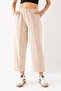 Women's Stone Color High Waist Modal Fabric Ribbed Front Balloon Fit Pants with Pockets - 3