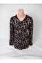Women's Black Orange U-Neck Long Sleeve Patterned Slit Woven Viscose Mother Combed Cotton T-Shirt