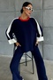 Women's Navy Blue Stretchy Knit Fabric Striped Patterned Slit Sweater and Trousers Oversize Two-Piece Set 1030 - 3