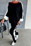Women's Black Stretchy Knit Fabric Striped Patterned Slit Sweater and Trousers Oversize Two-Piece Set 1030 - 2