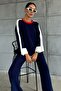 Women's Navy Blue Stretchy Knit Fabric Striped Patterned Slit Sweater and Trousers Oversize Two-Piece Set 1030 - 2
