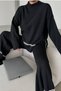 Stretchy Knitwear Oversize Sweater and Striped High Waist Wide Leg Trousers Black Bottom Top Knitwear Suit 3040