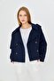 Navy Blue 100% Cotton Gabardine Lined Oversize Wide Fit Women's Crop Short Trench Coat 1122 - 7