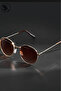 Round Frame Unisex Gold Metal Brown Glass Classic Sunglasses - 3