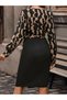 Women's Long-Sleeve Double-Breasted Neck Digital Print Bow Detail Satin Fabric Black Brown Dress - 2