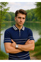 Navy Blue Color White Striped Zipper Detailed Polo Neck Men's Knitwear T-Shirt