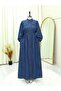 Denim Dress with Elasticated Cuffs, Button-Down Front, and Double Pockets - Indigo - 3