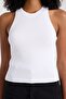 Ribbed White Sleeveless Halter Neck Women's Crop Knitwear - 7