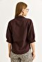 Wooden Button Three Quarter Sleeve Linen Shirt Brown - 6
