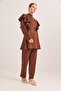 Button Detailed Stand Collar Ruffled Shoulder Scuba Suit Brown
