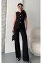 Women's Design Buttoned Vest Trousers Suit Black