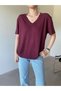 Burgundy Soft Textured V-Neck T-Shirt - 3