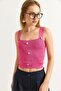 Button Accessory Strap Knitwear Crop Blouse Pink - 2