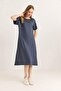 Shoulder Button Detailed Flowing Dress Indigo - 3