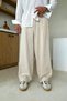 Cream Waist Elastic Linen Baggy Trousers Beige - 4