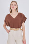Women's Light Brown V-Neck Oversize Blouse with Side Slits and Long Double Sleeve Detail on the Back Arm-24Y001074 - 2