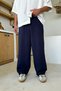 Elastic Waist Linen Baggy Trousers Navy Blue
