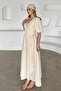 V-Neck Waist Tie Muslin Dress Beige 9354-E - 4