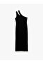 One Shoulder Window Detail Sleeveless Stone Embroidered Crepe Midi Evening Dress - 5