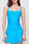 Turquoise Blue Adjustable Strap Gathered Slimming Effective Draped Dress Skirt Swimsuit - 5