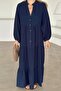 Bat Sleeve Button Detailed Muslin Casual Dress Dark Blue 9330-E - 6
