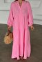 Bat Sleeve Button Detailed Muslin Casual Dress Pink 9330-E - 4