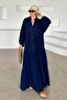 Bat Sleeve Button Detailed Muslin Casual Dress Dark Blue 9330-E