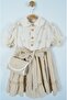 Beige Shirt Collar Flower Patterned Cotton Lined Girl's Dress with Bag (Age 2-5) - 4