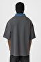 Polo Neck Text Detailed Oversize T-Shirt Smoked - 6