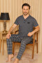 Men's Dad Short Sleeve Buttoned Anthracite Plaid Bottom Cotton Pajama Set - 2