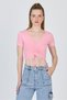 Pink V-Neck Ruched Cropped T-Shirt 9201m - 3
