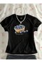 Women's Black Blueberry Printed Crew Neck Tight Crop Tshirt