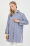 Navy Blue Striped Wide Cuffed 96% Cotton Flexible Poplin Long Tunic Women's Shirt 1160 - 7