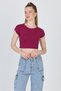 Burgundy Crew Neck Cotton Slim Fit Crop T-Shirt 9199m - 2