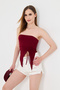 Burgundy Gathered Lace Asymmetrical Cut Out Strapless Blouse - 6
