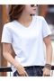 Women's White V-Neck T-Shirt Summer Regular Fit Basic Plain Printless Casual Stylish Loose T-Shirt - 5