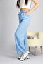 Blue Adjustable Waist Striped Pockets Wide Leg Linen Women's Trousers S - 2