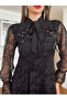 Women's Imported Crepe Fabric Lace Accessory Detail Neck Bow-Sleeve Tulle Lined Special Design Dress - 2