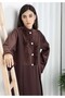 Brown Round Neck Nida and Velvet Abaya with Front Button Detailing - 3