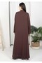 Brown Round Neck Nida and Velvet Abaya with Front Button Detailing - 6