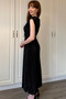 Padded Crinkle Midi Waist Detailed Black Dress - 5