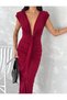 Women's V-Neck Double Breasted Detailed Satin Look Long Evening Dress - 3