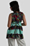 Turquoise Thick Strap Embroidery Detailed Half Button Bohemian Blouse - 2