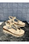 Castle 35157 Beige Cream Pole Buckle Detail Wedge Heel Laced Daily Orthopedic Sandals Shoes - 2
