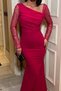 Women's Stretchy Crepe Fabric Sleeves Tulle and Stone Detailed Draped Front Maxi Length Mermaid Evening Dress Fuchsia 5831 - 2