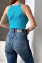 Women's Stretchy Knitwear Fabric Ruffled Sleeveless Basic Turquoise Blouse 0296 - 2