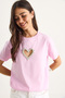 Women's Candy Pink Stone Heart Windowed Cotton T-Shirt 60602073 - 3